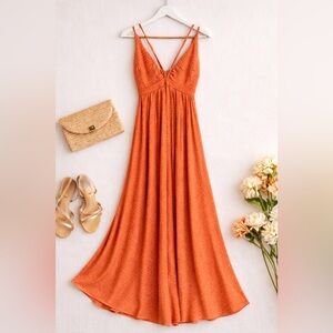 Free People Flowy Coral Maxi Dress | Textured Fabric | Statement Strap Bodice